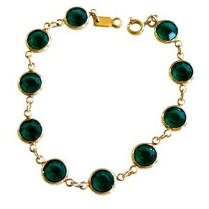 VTG Costume Jewelry Bracelet Green crystal open bezel Gold Plated Regal 7"